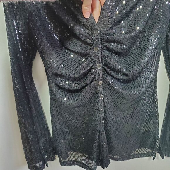 FREE PEOPLE Sequin Shirtee Button Up Blouse Top Ruched Sheer Black Women's Large - Picture 4 of 12